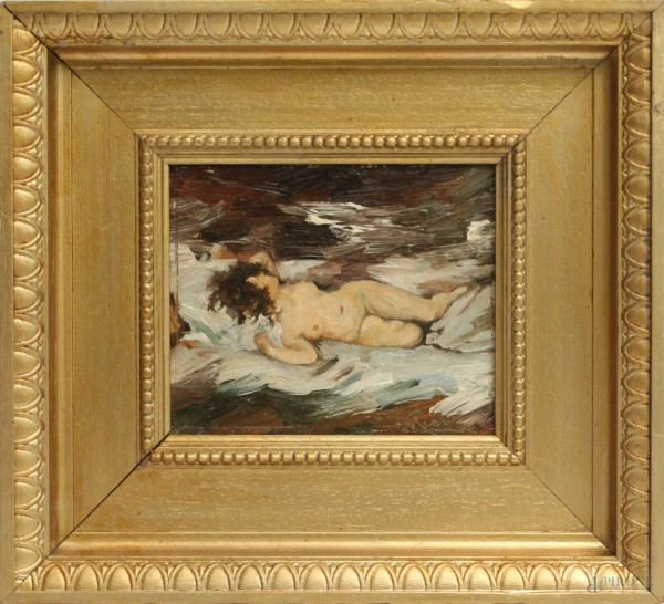 Nudo di donna, olio su masonite, firmato, cm. 14x17, entro cornice.