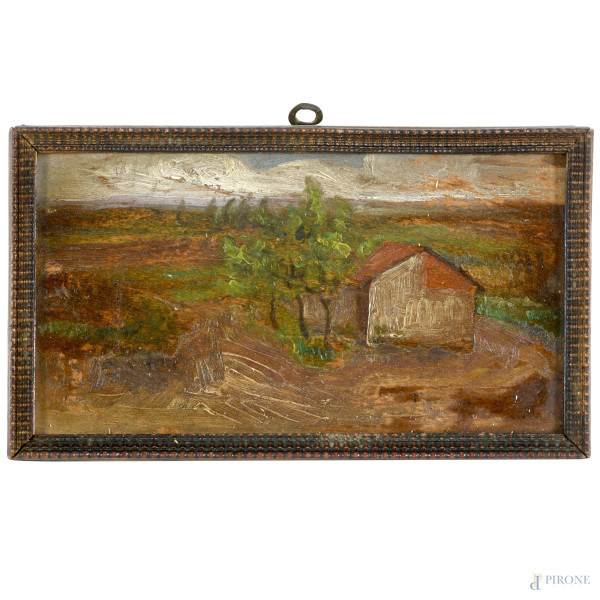 Paesaggio con casa, XX secolo olio su cartone, cm 11,5x22, firmato in basso, entro cornice, (cadute di colore)