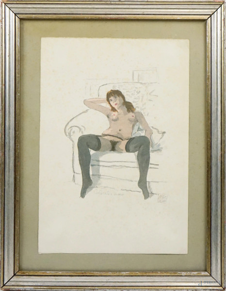 Aldo Riso - Scena erotica, stampa acquerellata a mano, cm 51x35, entro cornice, (macchie sulla carta).