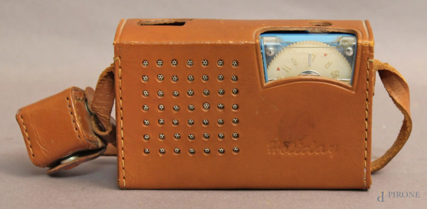 Radio portatile vintage con auricolare, custodia in pelle, marca Holiday.