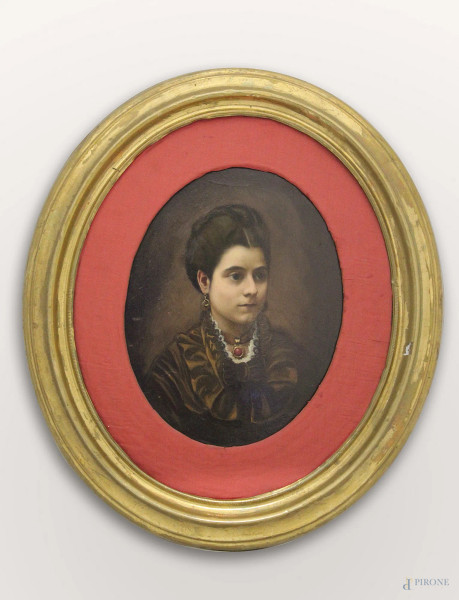 Pietro Saltini - Ritratto della contessa Letizia Fiammetta Paolozzi, olio su cartoncino 22x14 cm ad assetto ovale,in cornice.