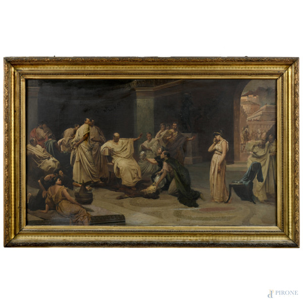 Scena romana, XIX-XX secolo, olio su tela, cm 59,5x100, entro cornice, (segni di usura, abrasioni)