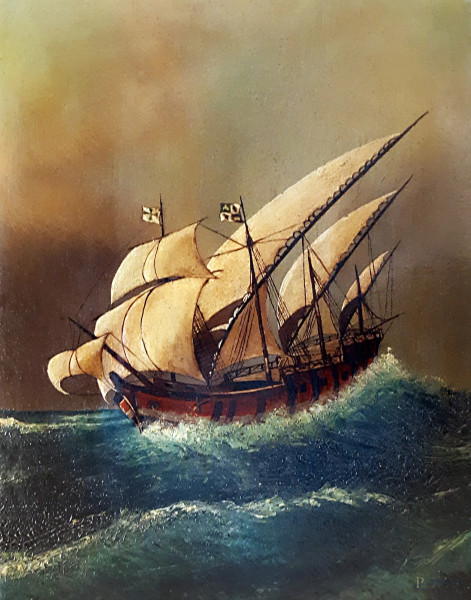 Pittore di Marine dei primi del 900, Veliero in mare aperto, olio su tela, cm 29x37