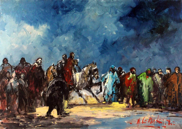 Cavalieri arabi, olio su tela, cm. 50x70, firmato.