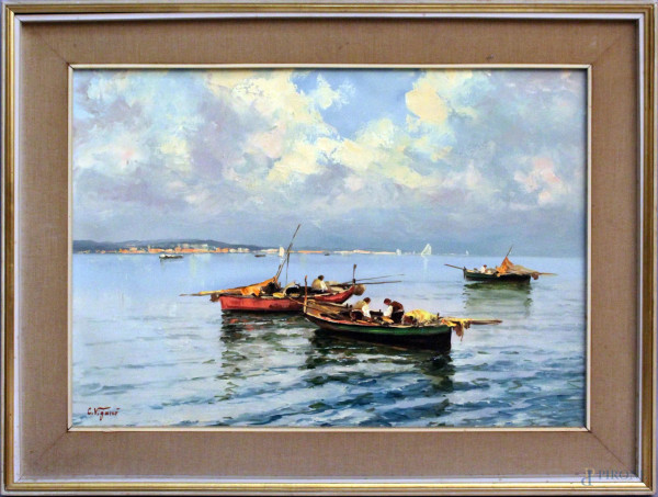 Marina con barche, olio su tela, cm. 50x70, firmato C. Vigan&#242;, entro cornice