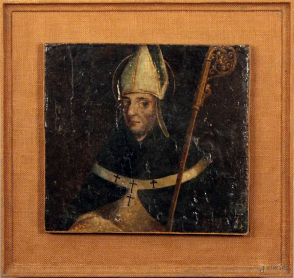 Scuola italiana del XVII sec, Santo vescovo, olio su tela riportato su tavola, 32x30 cm, (difetti)
