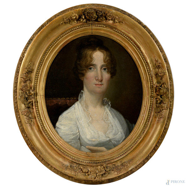 Ritratto di gentildonna, XIX secolo, olio su tela ovale, cm 51x44, entro cornice (craquelure)