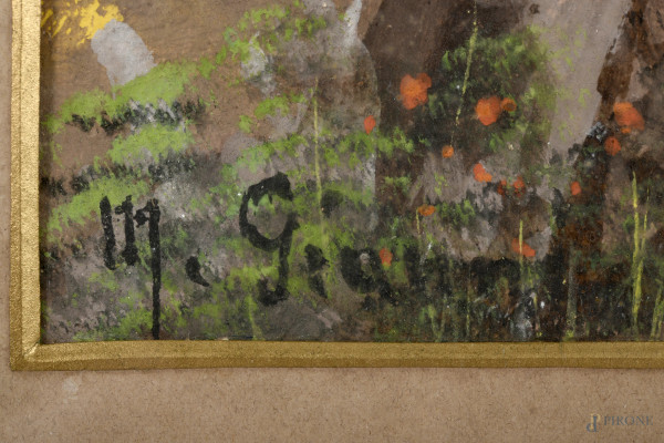 Golfo con figure, XX secolo, tecnica mista su carta, cm 49x30, firmato in basso a sinistra, entro...