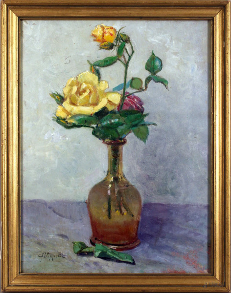 Vaso con rose, olio su tela, cm. 40x30, firmato, entro cornice.