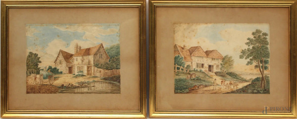 Paesaggi inglesi, coppia di acquarelli su carta, cm 19 x 25, entro cornice.