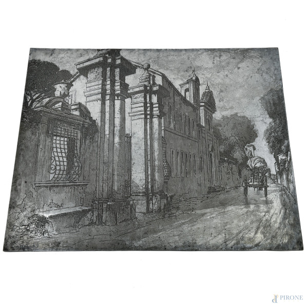 Dante Ricci - Strada con carretto, lastra calcografica, cm 46,5x56,5, firmata in basso a sinistra, (segni di usura). 