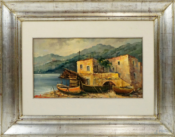 Paolo Veneziani - Costa con imbarcazioni, olio su cartone, cm 32x58, entro cornice