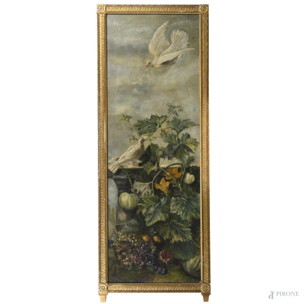 Volo di colombe con natura morta, XX secolo, olio su tela, cm 169x59, (sollevamenti di colore, abrasioni, piccole cadute di colore, lacerazioni)