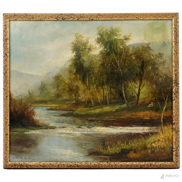 Paesaggio con figure distese presso la riva di un fiume, olio su tela, cm 64x73, firmato in basso a sinistra B. W. Leader, entro cornice.