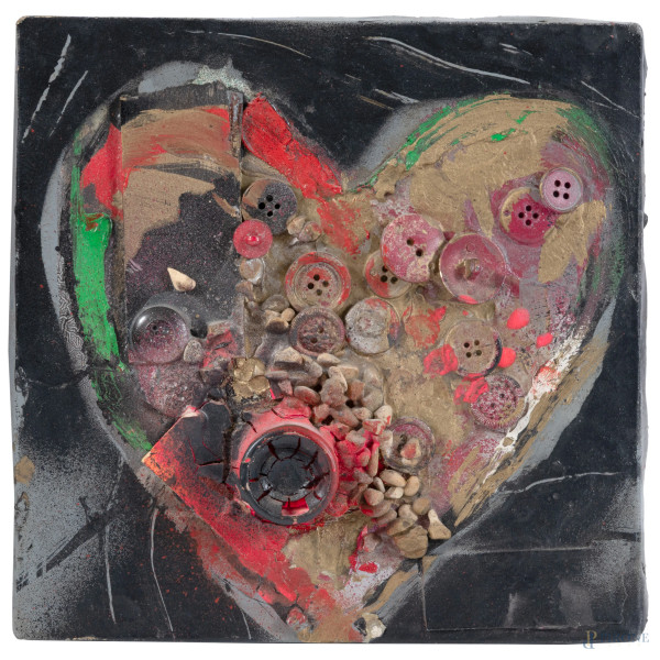 Giosetta Fioroni (1932-), Cuore Familiare, collage e tecnica mista su tela, cm 20x20, firmato, datato e  dedicato al retro