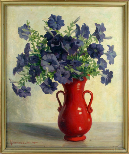 Arturo Barazzutti - Vaso con fiori, olio su tela, cm 55x45, firmato e datato 1970, entro cornice