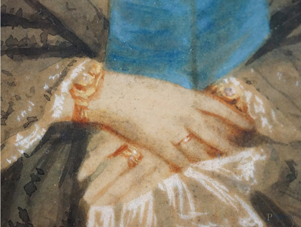 Coppia di ritratti in ovale, tecnica mista su carta, cm 24x18, entro cornice