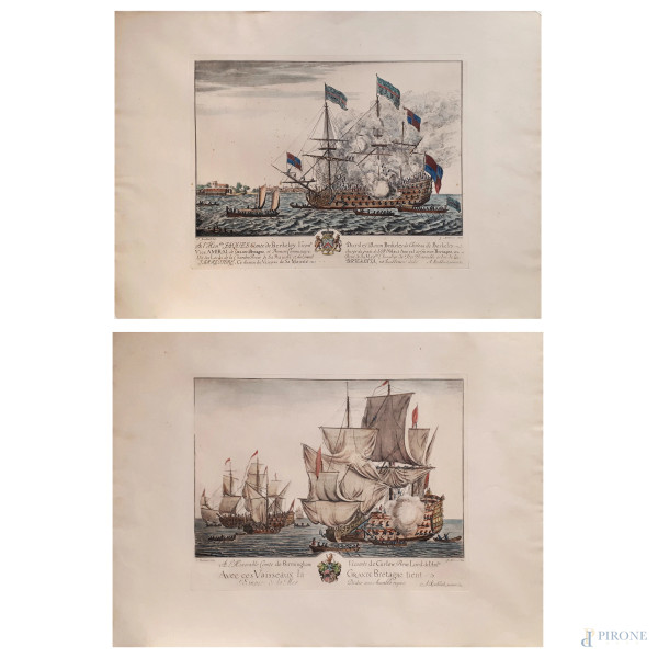 Coppia di Vedute Navali, stampe a riproduzione di due incisioni disegnate da A. Roublard e incise su rame da J. Mitton, cm 49x69 ciascuna