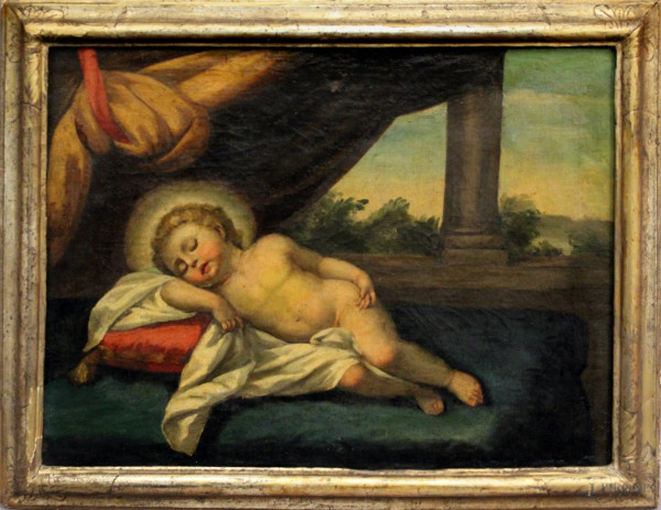 Ges&#249; bambino, olio su tela, 40x50 cm, del  XVIII sec.,  entro cornice.