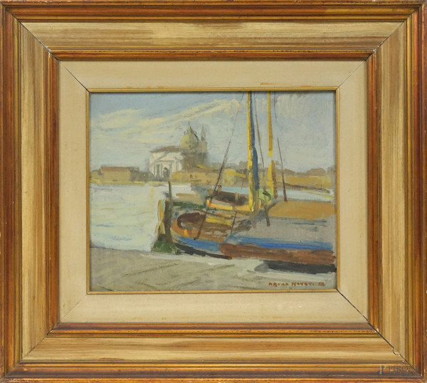 Barche a Venezia, olio su compensato, cm 35x43,5, firmato Marco Novati, entro cornice.