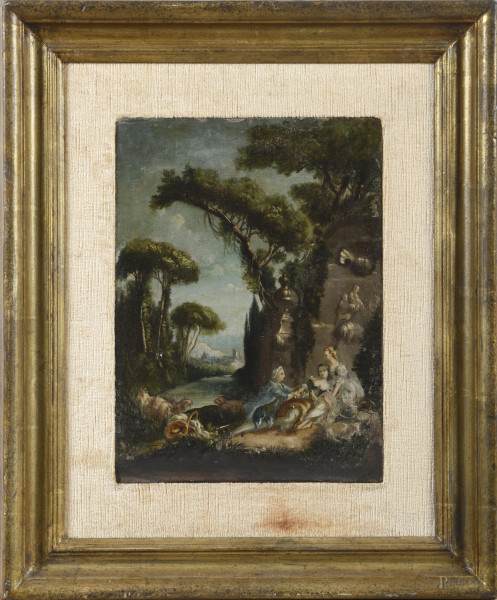Paesaggio con scena galante, XIX-XX secolo, olio su tela, cm 31x22,5, entro cornice, (segni di usura, cadute di colore, abrasioni)