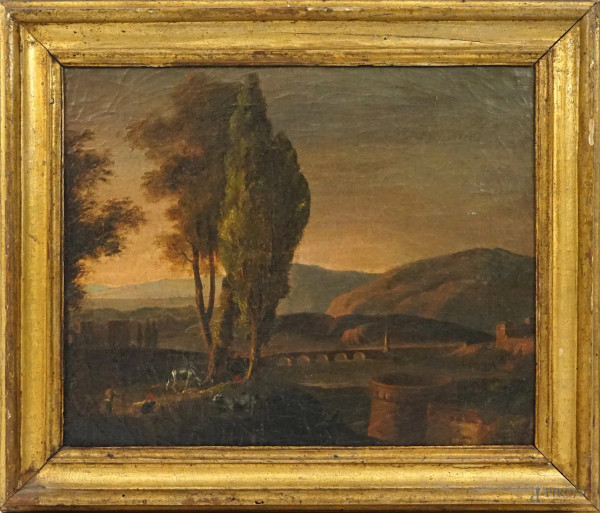 Pittore del XVIII secolo, Paesaggio con ponte e figure, olio su tela, cm 33x38,5, entro cornice.