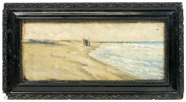 Spiaggia con imbarcazione, olio su carta applicata su tavola, cm 16x28, inizi XX secolo, entro cornice.