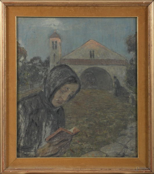 La preghiera del meriggio, XX secolo, olio su tela, cm 74,5x64,5, entro cornice, (abrasioni della superficie)