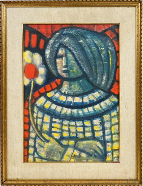 Figura con fiore, olio su cartone, cm 50x34,5, firmato Pannocchia, entro cornice.
