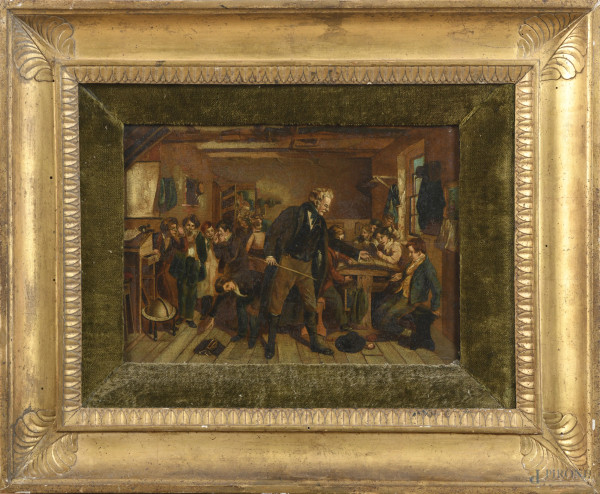 La classe, XIX-XX secolo, stampa ritoccata su carta applicata su tavola, cm 23x31, entro cornice, (segni di usura, increspature della carta, piccole cadute di colore)