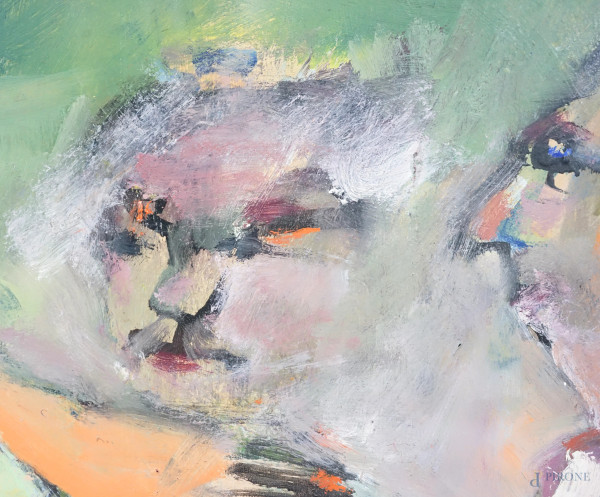 Quattro uomini e una donna, olio su compensato, firmato in basso a destra Maccari, cm 52x76, entr...