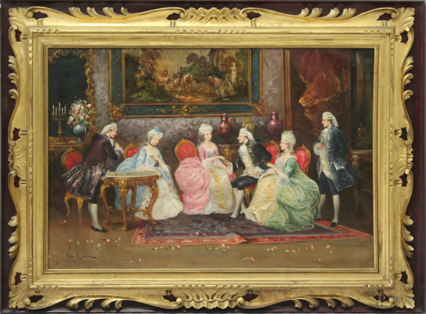 Pedro Rosalez, Interno settecentesco, olio su tela, 70x100 cm, entro cornice