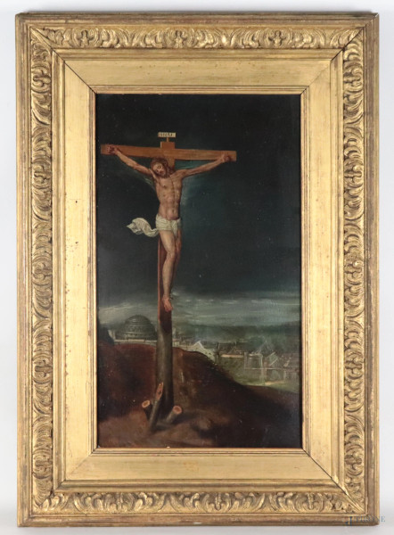 Crocifissione con Gerusalemme sullo sfondo, XVIII secolo, olio su tavola, cm 58x33,5, entro cornice (lievi segni di usura, difetti)