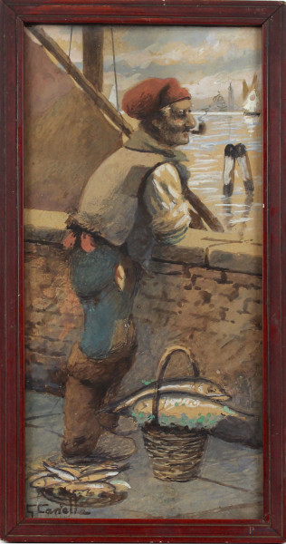 Il pescatore, acquarello su cartoncino, cm 33x16, firmato, entro cornice.