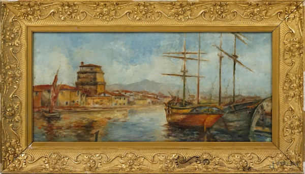 Scorcio di porto con imbarcazioni, olio su cartone, cm 32x68, firmato, entro cornice.