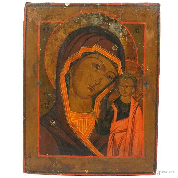 Icona raffigurante "Madonna Madre di Dio di Kazan", tempera su tavola, cm 29x23, Russia, XIX secolo, (difetti).