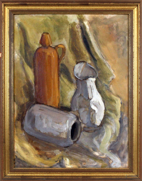 Natura morta, brocche e vasellame, olio su tavola, cm 40x30, XX secolo, entro cornice
