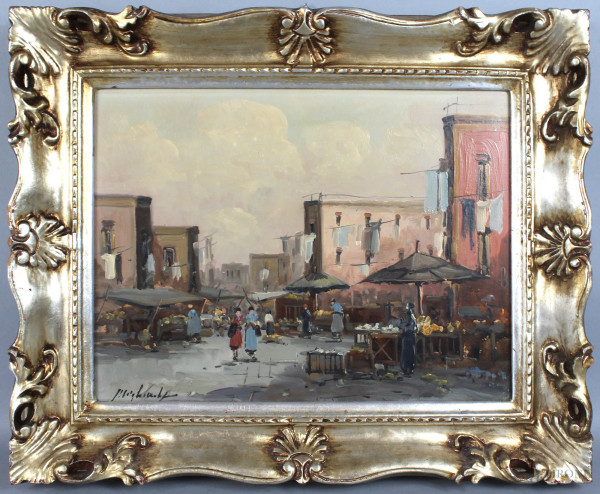 Antonio  Migliardi - Scorcio di mercato olio su masonite, cm. 30x40, entro cornice.