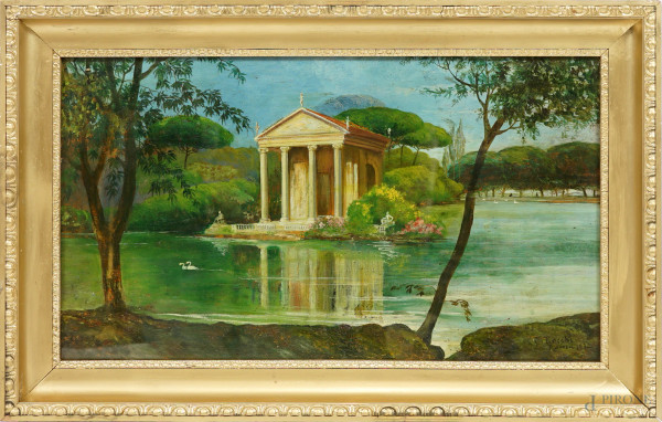 veduta del tempio di Esculapio a Villa Borghese, sec. XIX, olio su cartone, cm 39x68, firmato, entro cornice. (Difetti)