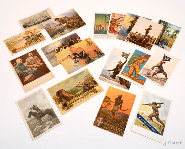 Lotto di 18 cartoline a soggetto militare, misure massime cm 15x10,5