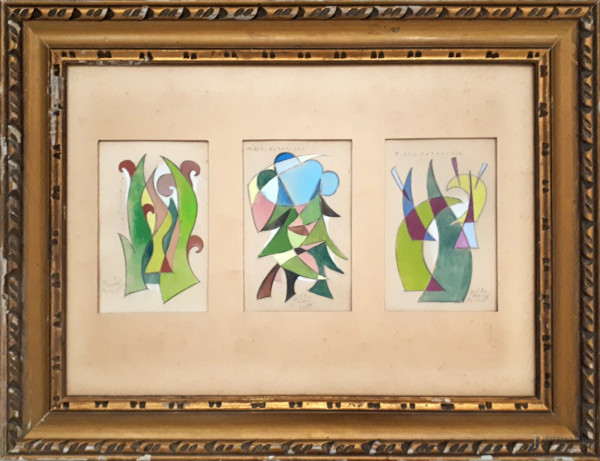 Alceo Misiani (XX sec.) Fiori futuristi e alberi futuristi, lotto di tre dipinti a tempera su carta, ciascuno cm 8x12, firmati