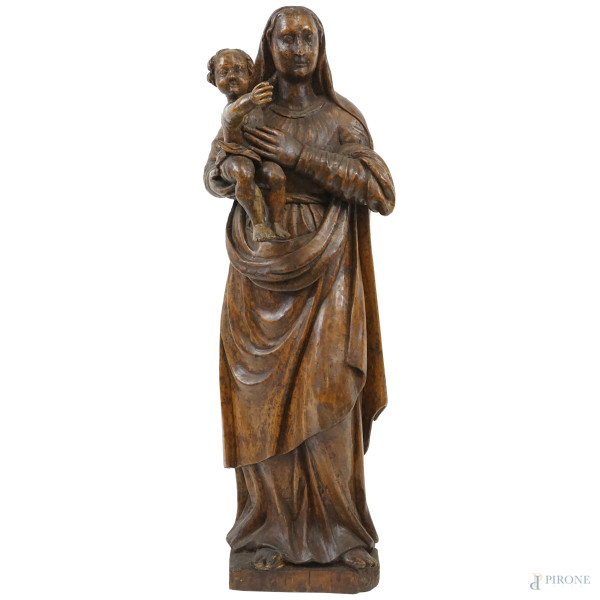 Antica scultura in legno raffigurante Madonna col Bambino, cm h 112, (difetti)