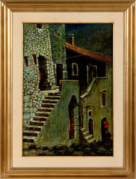 Scanno, olio su tavola, cm 63,5x44, entro cornice, firmato e datato in basso a sinistra "G. Sabbatino Scanno 1927"