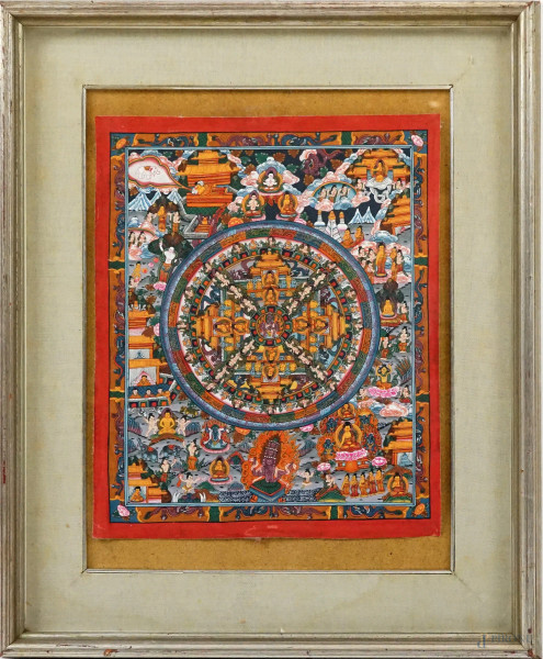 Thangka, tempera su carta, cm 39,5x30,5,arte orientale, XX secolo,  entro cornice.