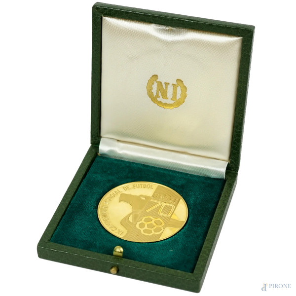 Medaglia in oro Mexico 70, IX Campeonato Mundial de Futbol, diametro cm 4,5, peso gr. 35, entro scatola originale