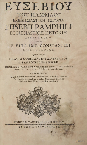 Eusebii Pamphili Ecclesiasticae Historiae Libri Decem, libri quartuor[…], 1746, (difetti, strappi, gore, umidità)