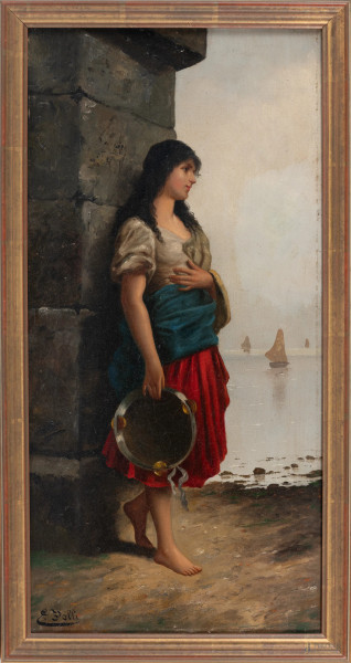 Popolana con tamburello in riva al mare, XIX-XX secolo, olio su tela, cm 52,5x25, firmato in basso a sinistra, entro cornice, (segni di usura, cadute di colore, craquelure)