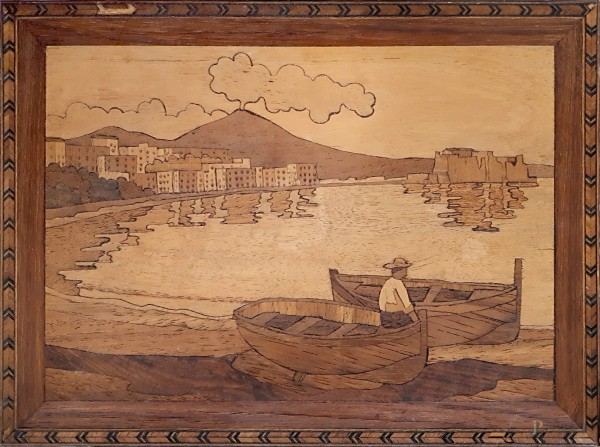 Intarsio di legni pregiati raffigurante golfo di Napoli con barche in secca e Vesuvio sullo sfondo, cm 18,5x24