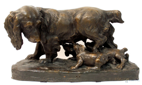 Cagna con cuccioli in terracotta brunita, cm 30x52x23.