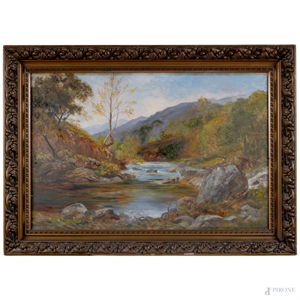Paesaggio montano con ruscello, XIX-XX secolo, olio su tela, cm 81,5x122, entro cornice